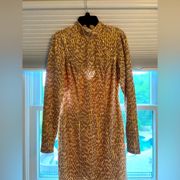 Gold sequined long sleeved dress by Blue Rain in size Small with cut out back - Picture 1 of 10